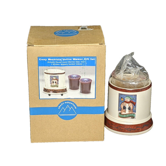 Crazy Mountain Votive Candle Warmer Snowman and 2 Candles 4.25"x 3.5" NEVER USED - Picture 2 of 4